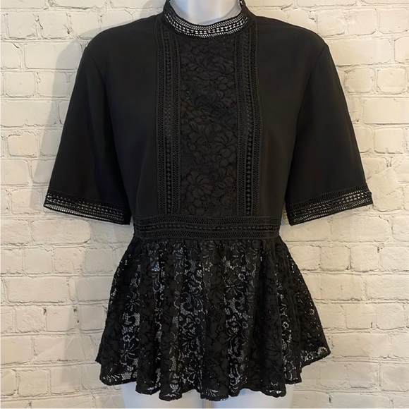 Zara Woman Classy Black Lace Peplum Short Sleeve Lace Ruffle Blouse Women Sz XS - Picture 5 of 11